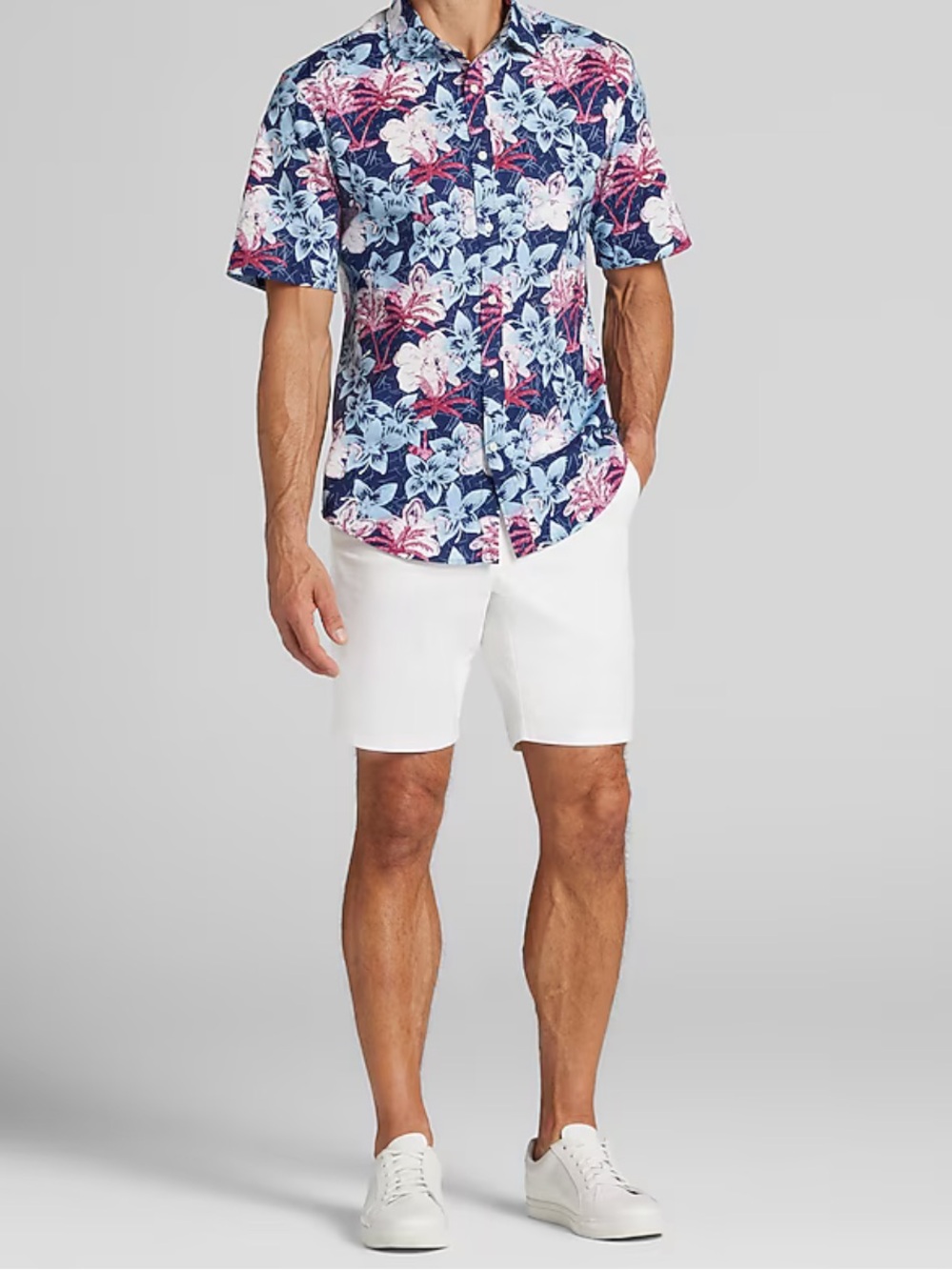 Pronto Uomo Hawaiian Print Button-Up Shirt in Blue, White & Burgundy